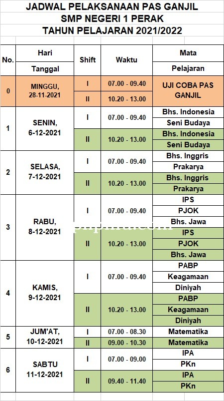 Jadwal Pelaksanaan PAS Ganjil Tahun Pelajaran 2021/2022